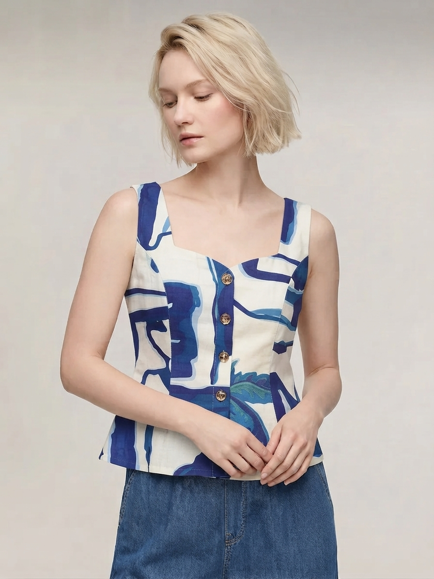 Blue Abstract Print Button-Front Top
