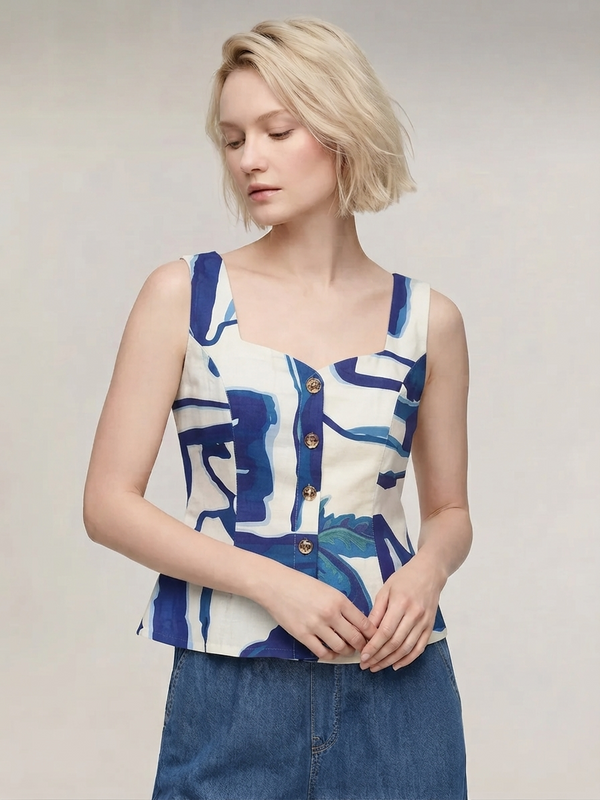 Blue Abstract Print Button-Front Top