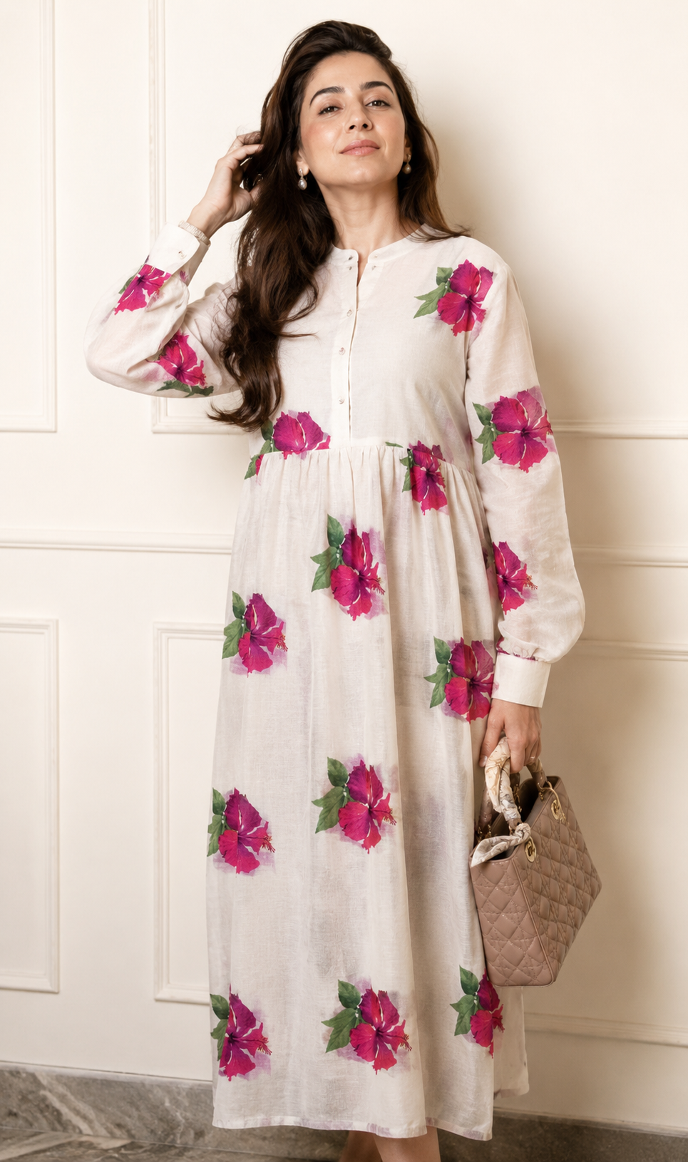Ivory Floral Long-Sleeve Midi Dress