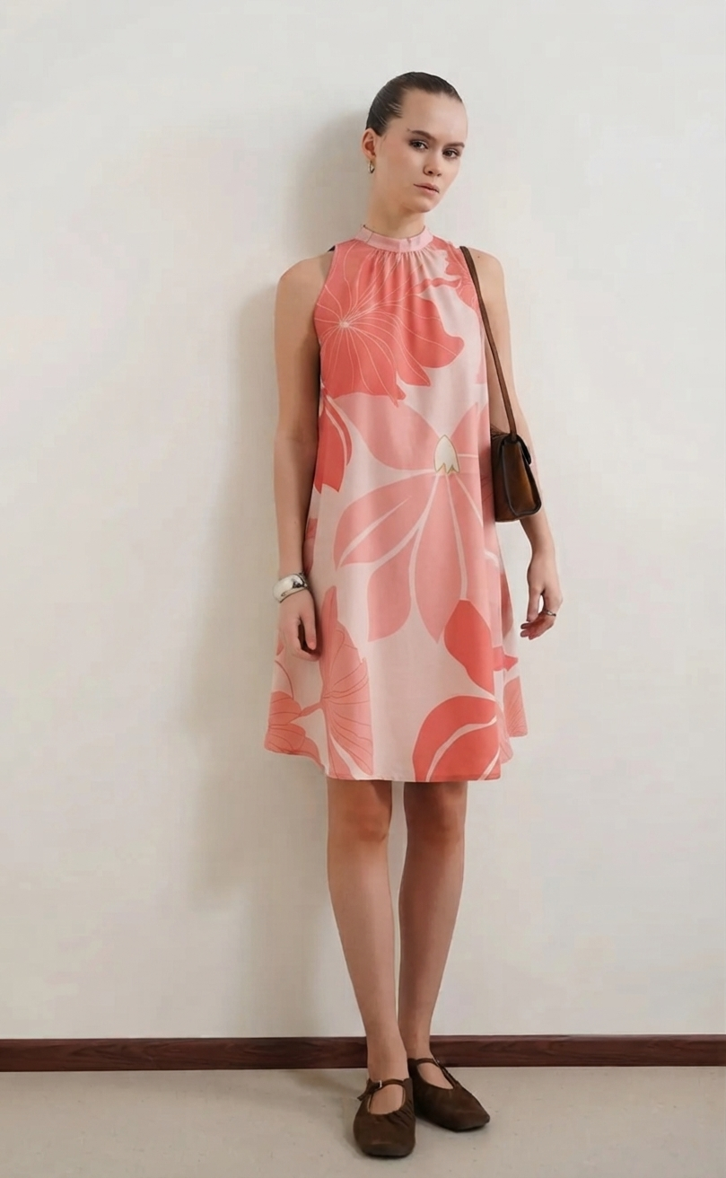 Coral Floral Halter Shift Dress