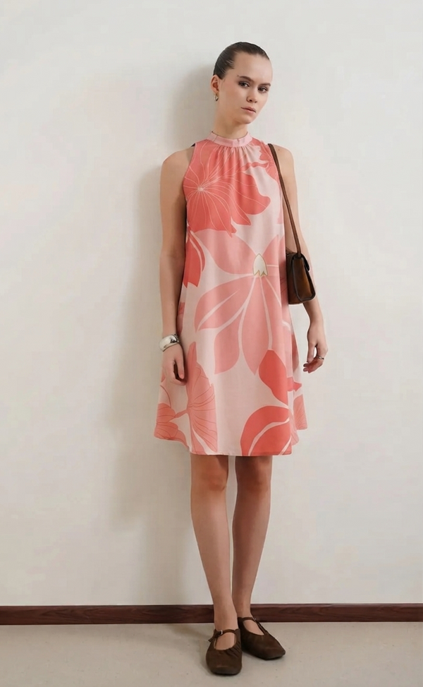 Coral Floral Halter Shift Dress