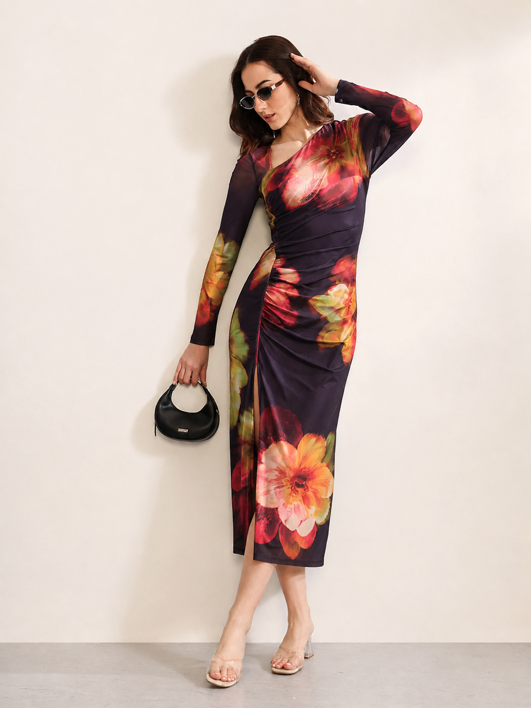 Wine Floral Mesh Wrap Midi Dress