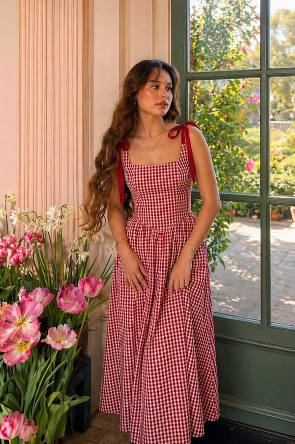Red Gingham Tie-Strap Midi Dress