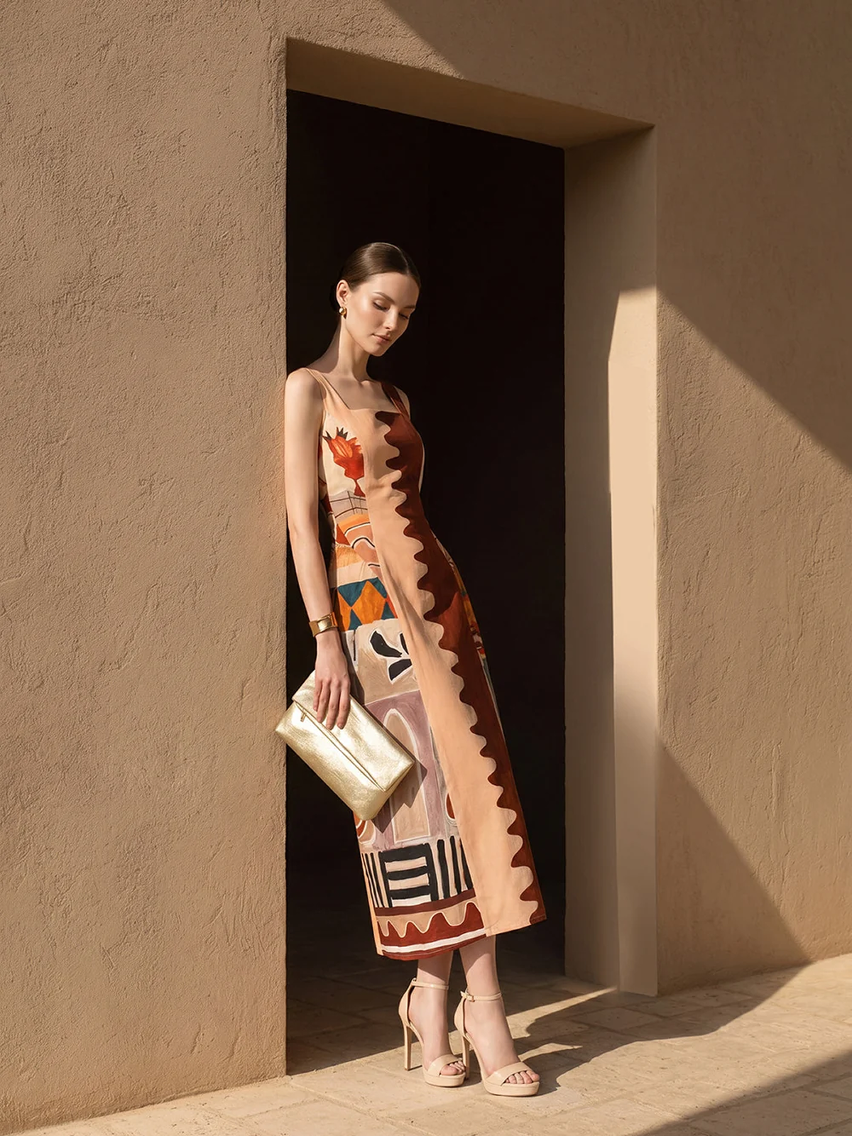 Terracotta Abstract Print Midi Dress