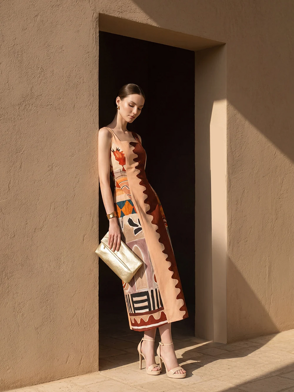 Terracotta Abstract Print Midi Dress