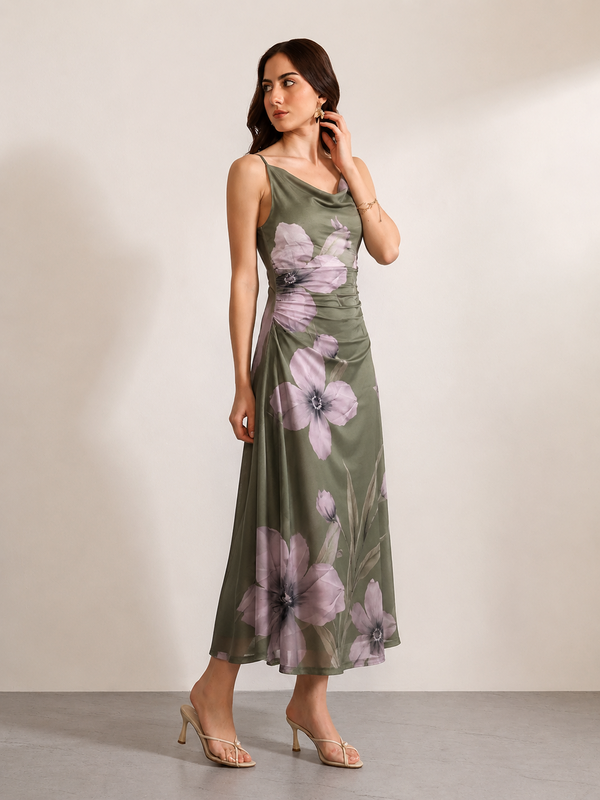Sage Floral Cowl-Neck Maxi Dress