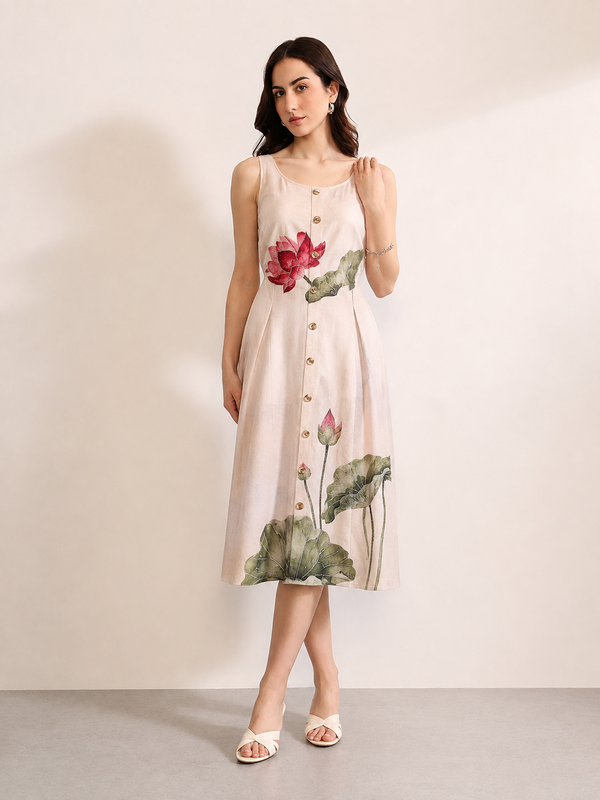 Ivory Lotus Print Button-Front Midi Dress