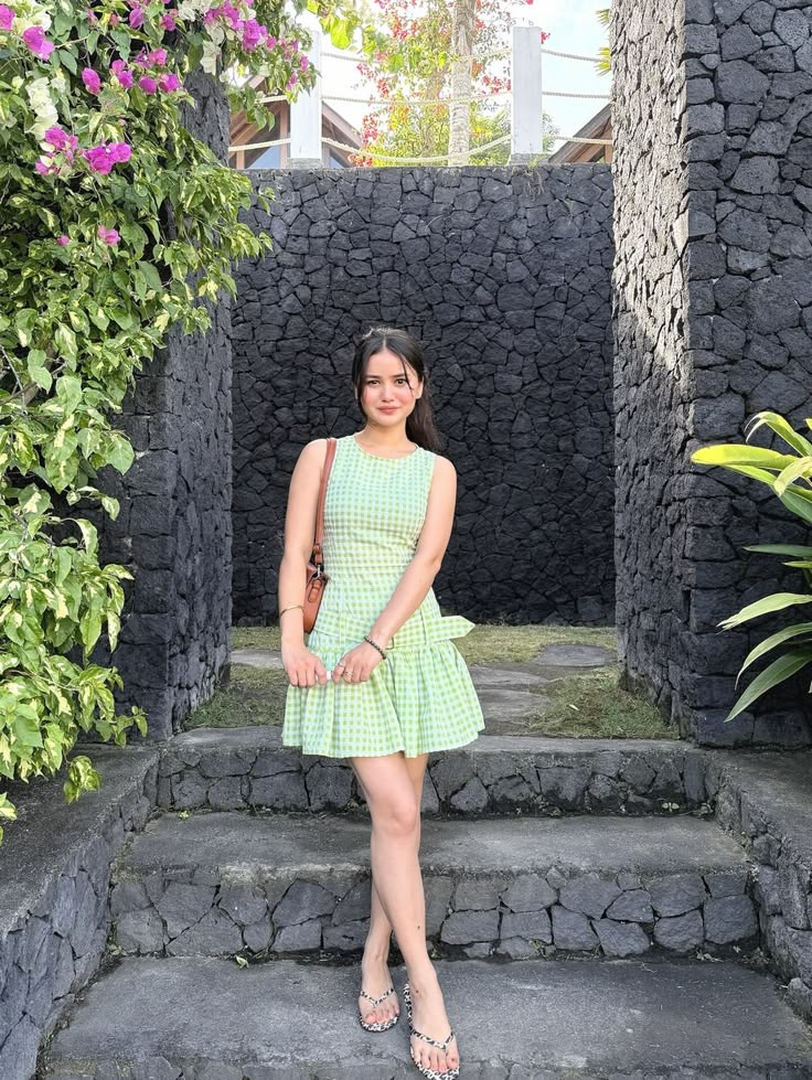 Green Gingham Ruffle Mini Dress