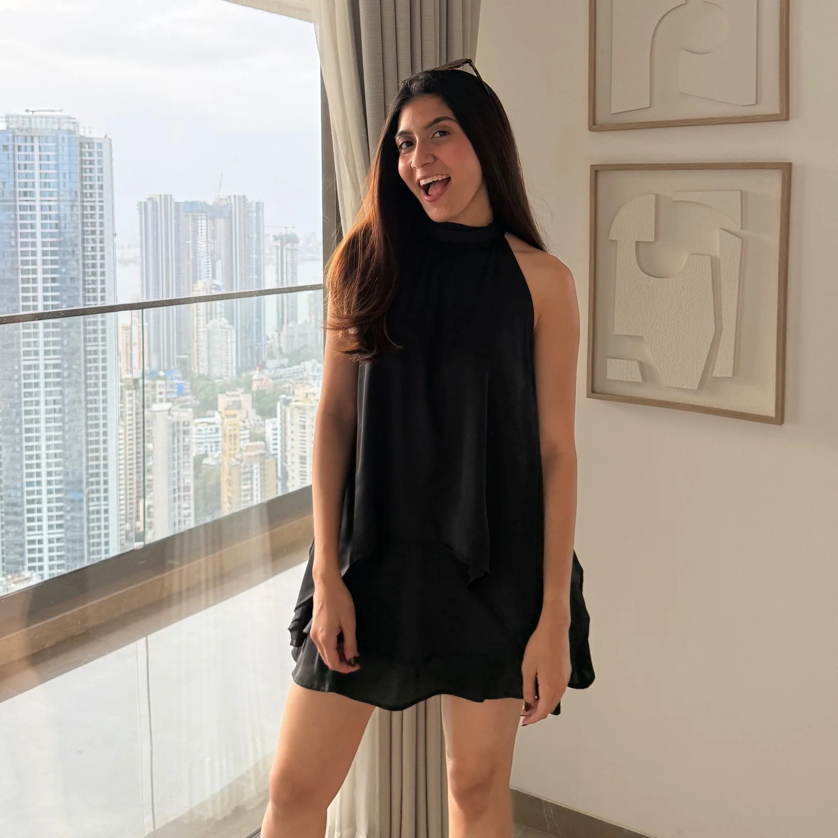 Black Satin Halter Mini Dress