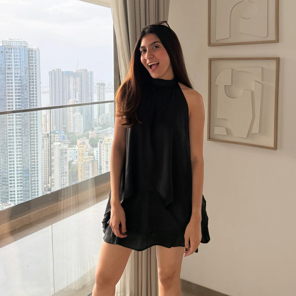 Black Satin Halter Mini Dress