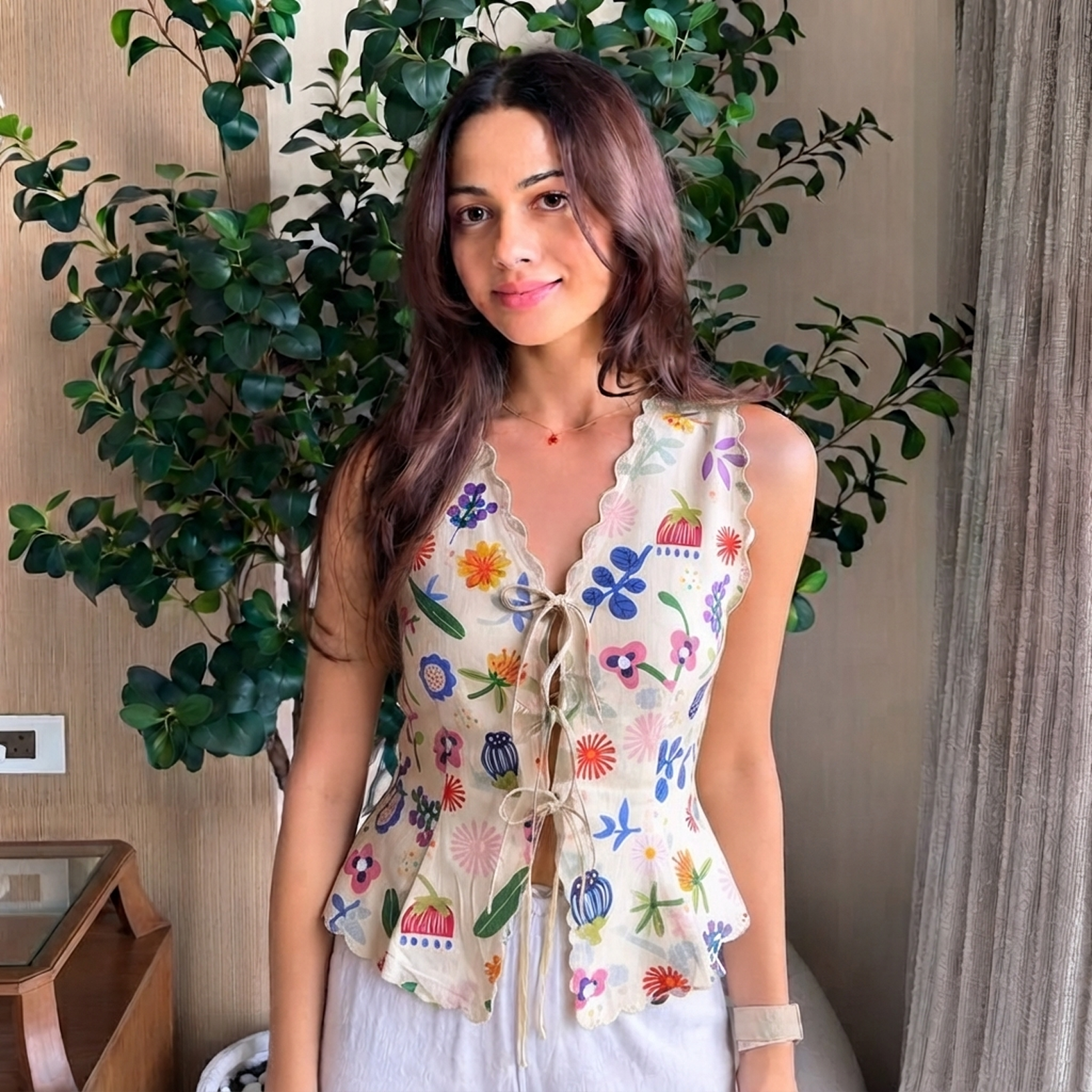 Floral Scalloped Tie-Front Peplum Top