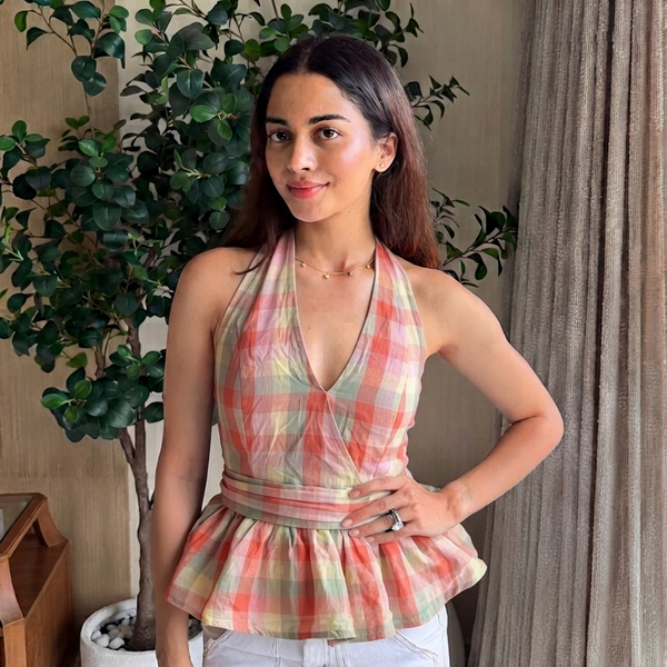 Pastel Plaid Halter Wrap Peplum Top