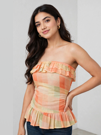 Sunset Check Ruffle Tube Top – Strapless Peplum Top for Women