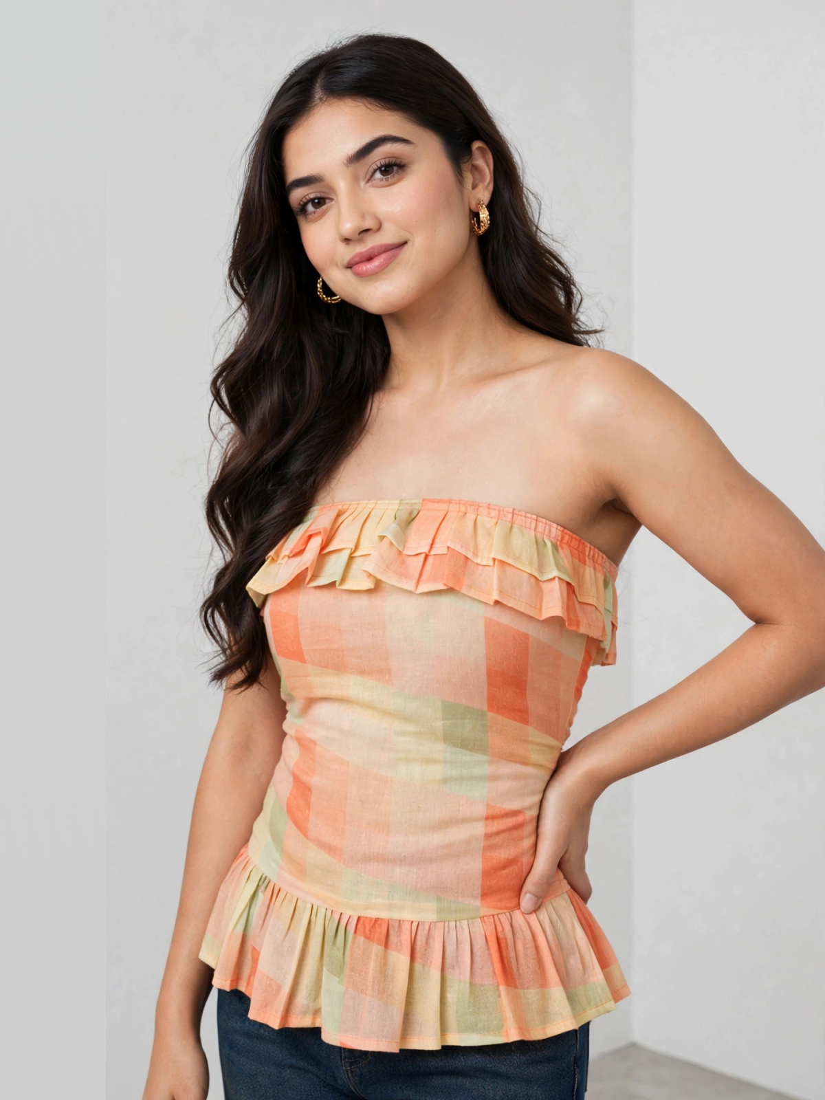 Sunset Check Ruffle Tube Top – Strapless Peplum Top for Women