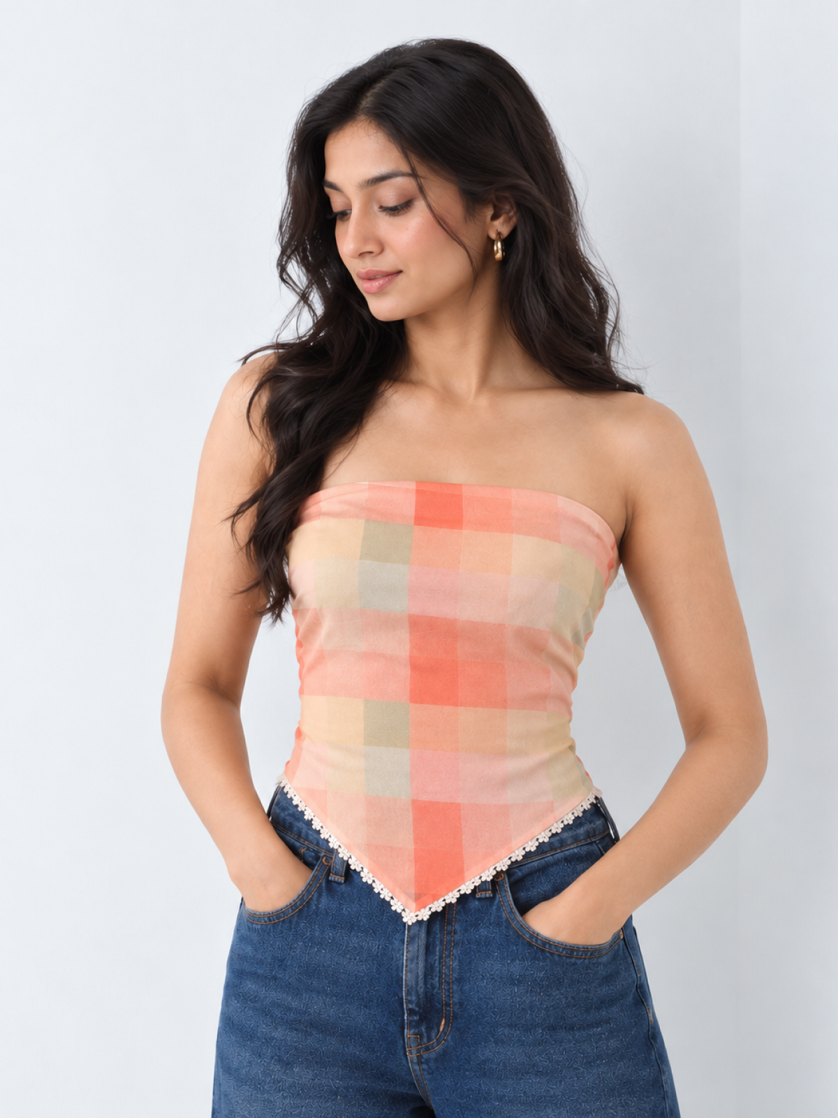 Sunset Check Handkerchief Tube Top – Strapless Cotton Top for Women