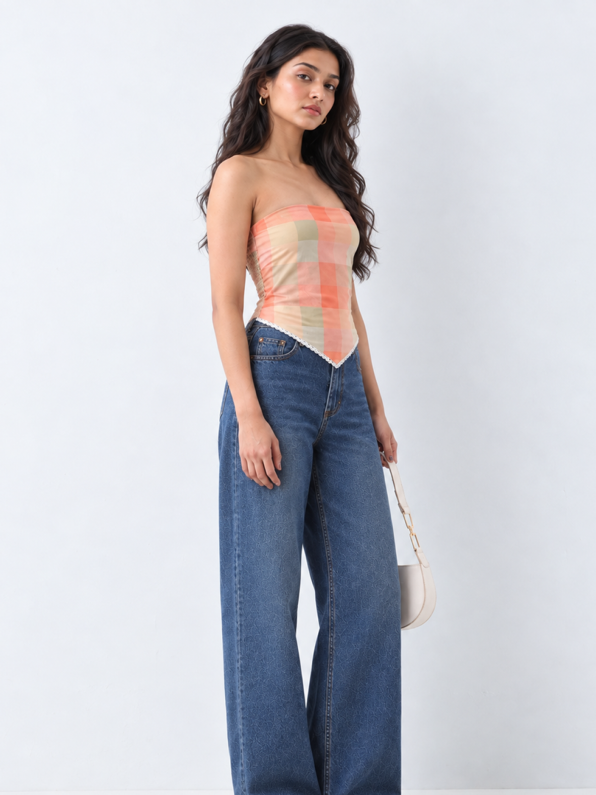 Sunset Check Handkerchief Tube Top – Strapless Cotton Top for Women