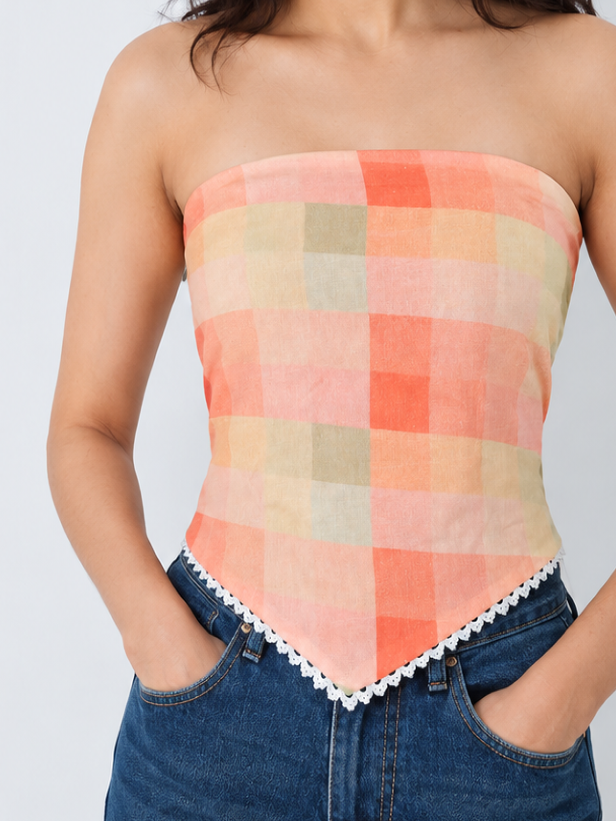 Sunset Check Handkerchief Tube Top – Strapless Cotton Top for Women