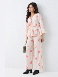 Pink Lotus Tie-Front Peplum Top - Cotton Bell Sleeve Top for Women