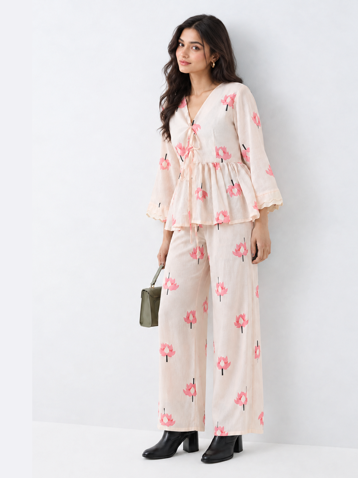 Pink Lotus Tie-Front Peplum Top - Cotton Bell Sleeve Top for Women