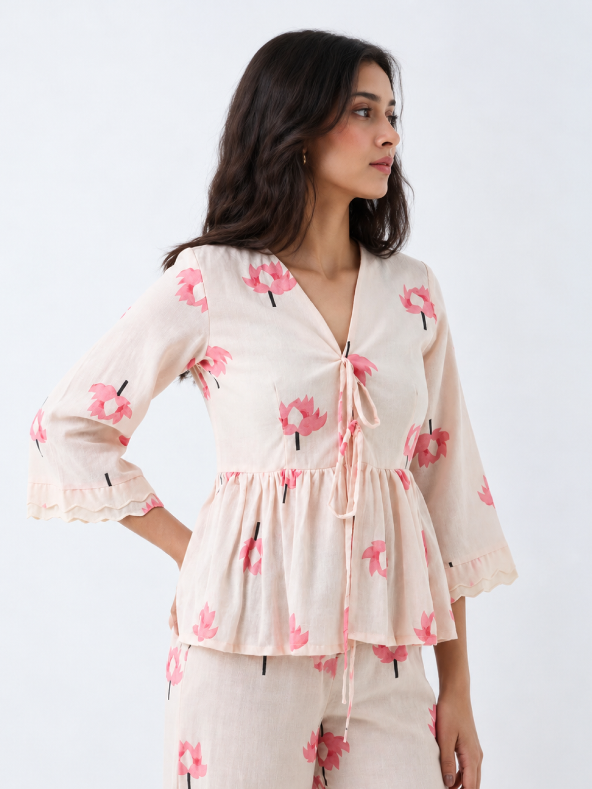Pink Lotus Tie-Front Peplum Top - Cotton Bell Sleeve Top for Women