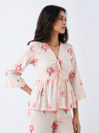 Pink Lotus Tie-Front Peplum Top - Cotton Bell Sleeve Top for Women