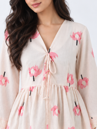 Pink Lotus Tie-Front Peplum Top - Cotton Bell Sleeve Top for Women