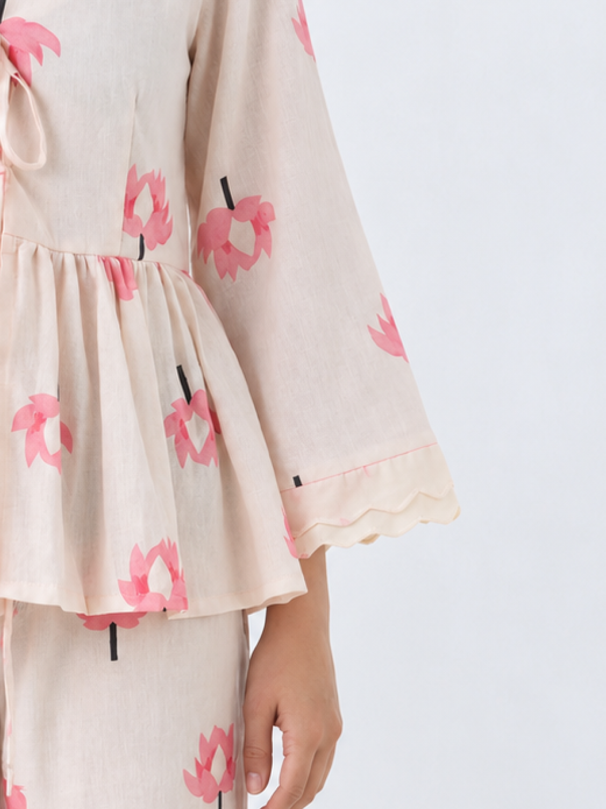 Pink Lotus Tie-Front Peplum Top - Cotton Bell Sleeve Top for Women