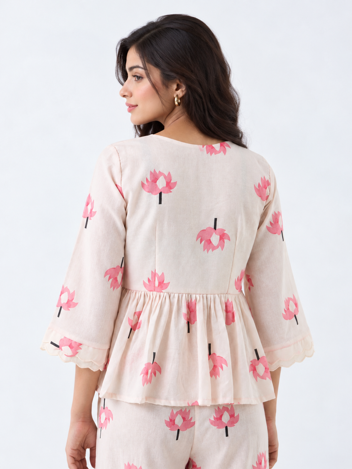 Pink Lotus Tie-Front Peplum Top - Cotton Bell Sleeve Top for Women