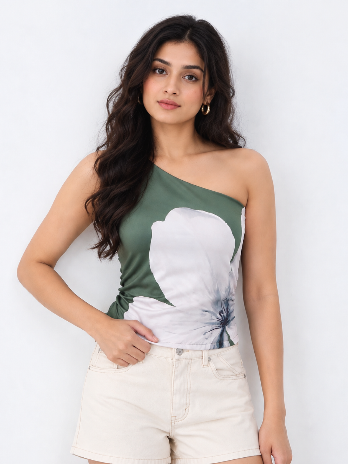 Sage Bloom One-Shoulder Top – Floral Printed Top for Women