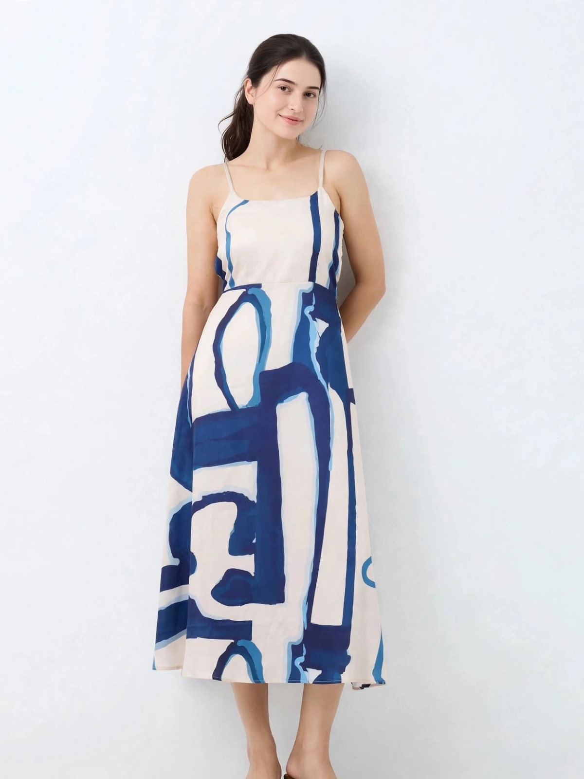 Indigo Abstract Strappy Dress - Smocked Back Modal Dress