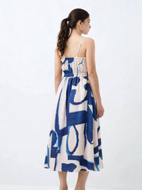 Indigo Abstract Strappy Dress - Smocked Back Modal Dress