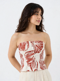Rust Palm Strapless Corset Top - Tropical Print Button Front Tube Top