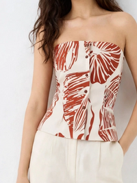Rust Palm Strapless Corset Top - Tropical Print Button Front Tube Top