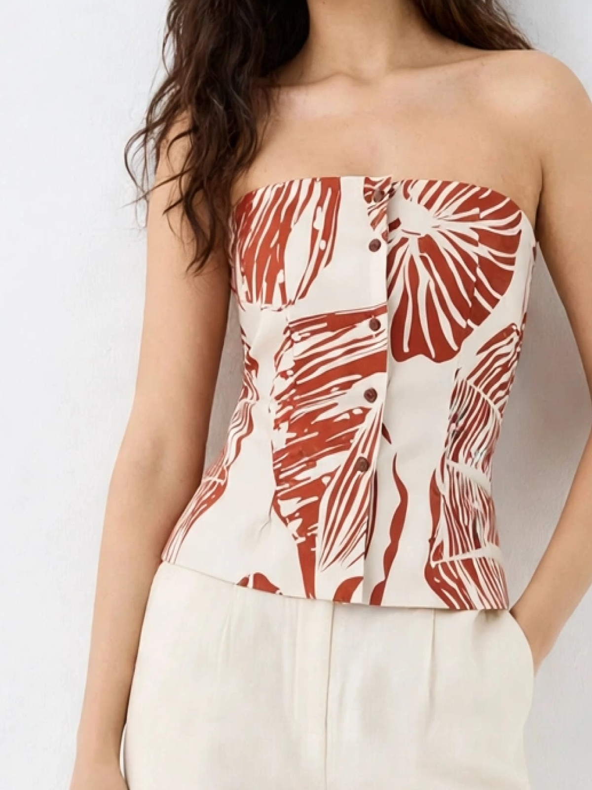 Rust Palm Strapless Corset Top - Tropical Print Button Front Tube Top
