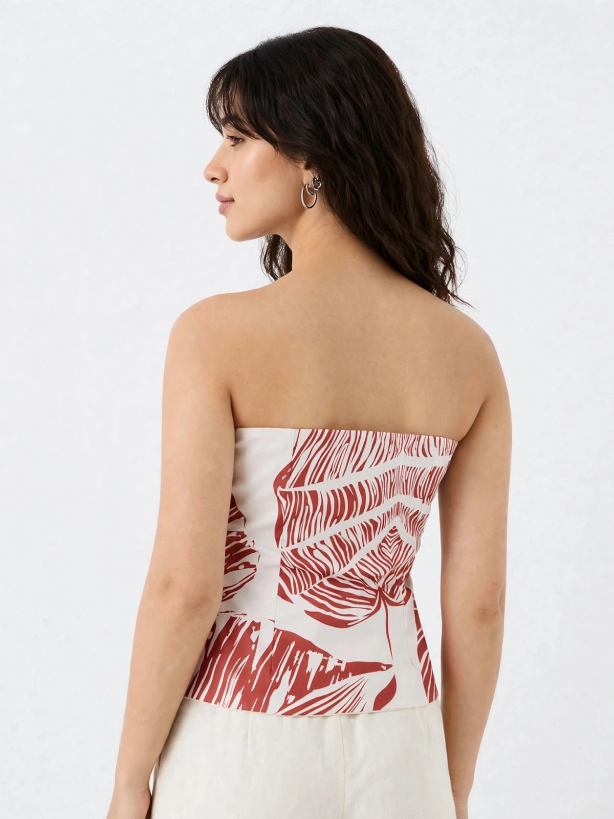 Rust Palm Strapless Corset Top - Tropical Print Button Front Tube Top
