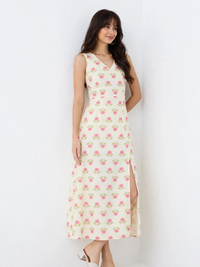 Pink Rose Print Pure Cotton Cut-Out Maxi Dress