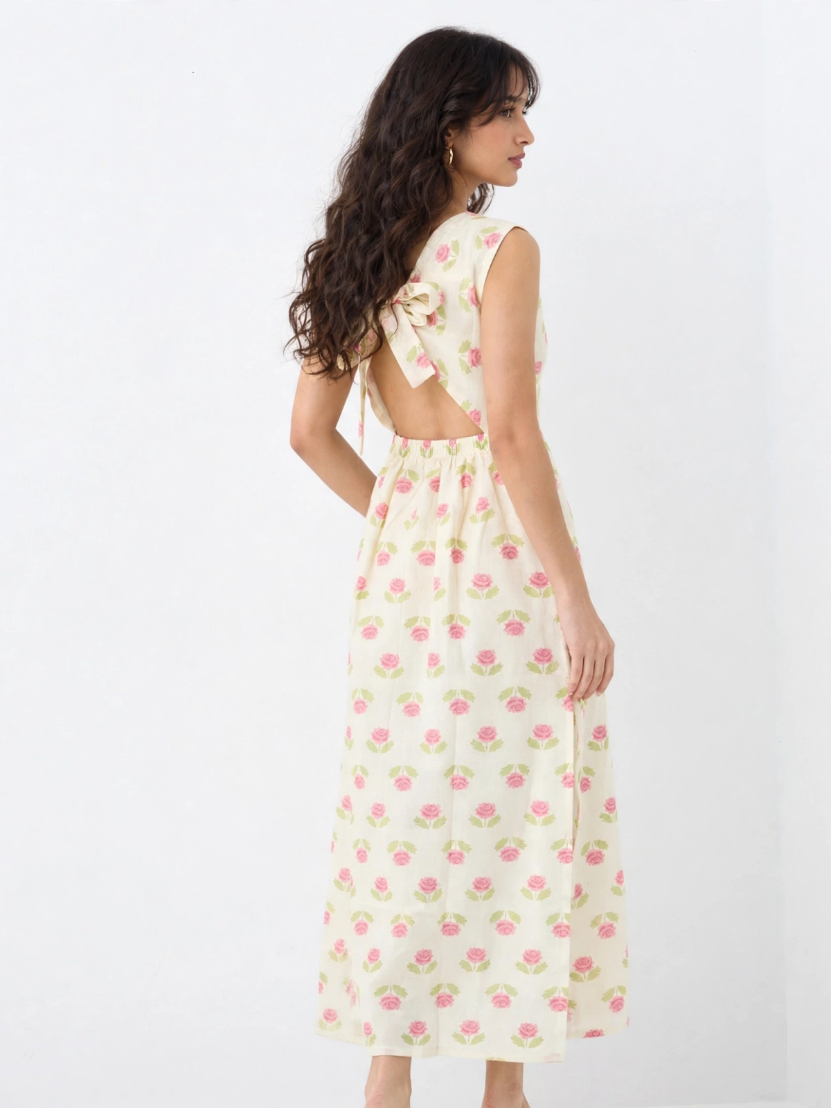 Pink Rose Print Pure Cotton Cut-Out Maxi Dress