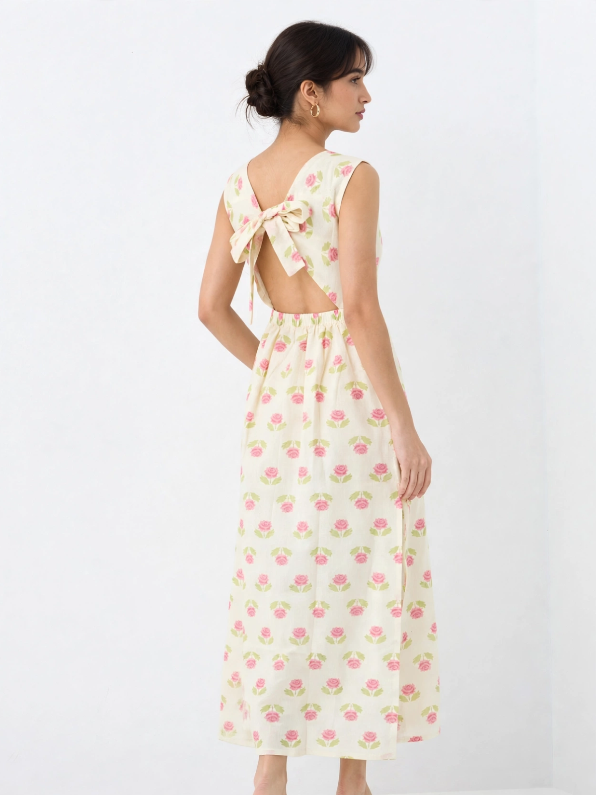 Pink Rose Print Pure Cotton Cut-Out Maxi Dress