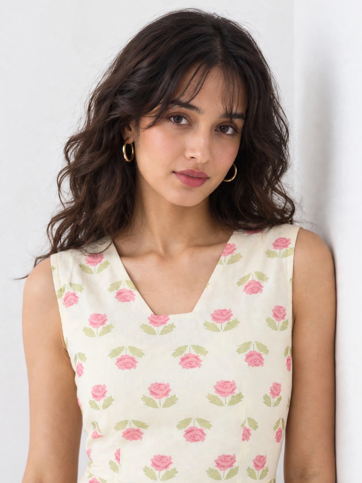 Pink Rose Print Pure Cotton Cut-Out Maxi Dress
