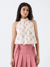Blush Rose Halter Neck Top - Floral Tie-Back Bubble Top for Women