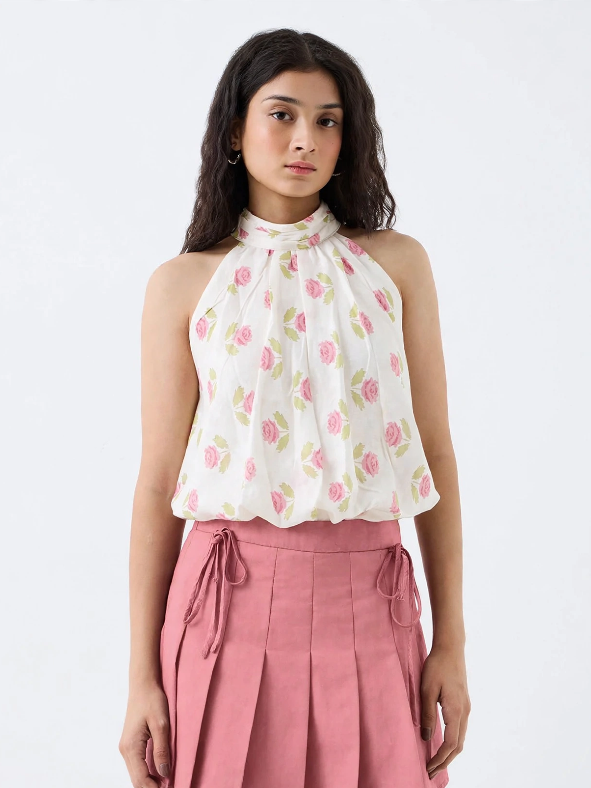 Blush Rose Halter Neck Top - Floral Tie-Back Bubble Top for Women