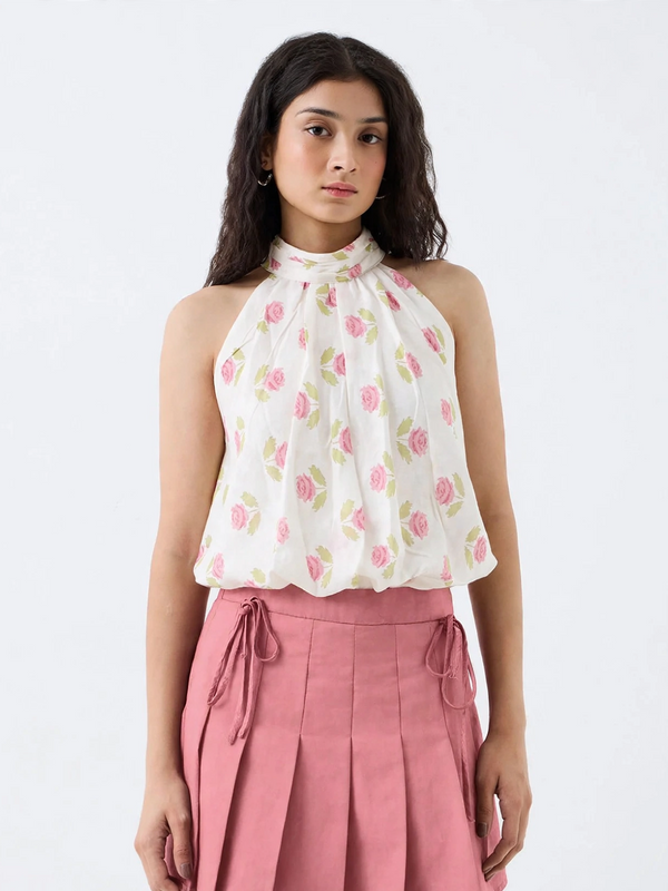 Blush Rose Halter Neck Top - Floral Tie-Back Bubble Top for Women