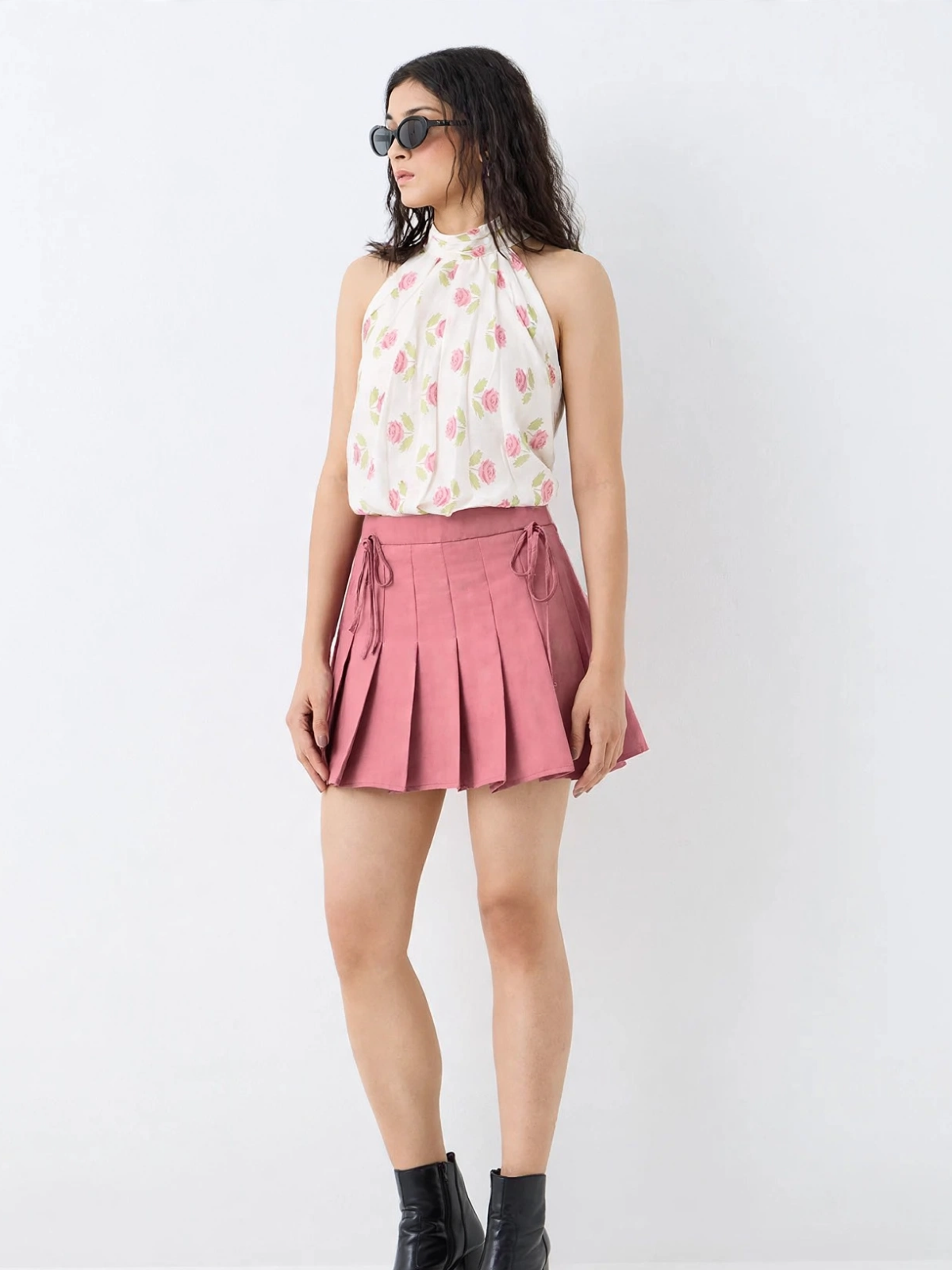 Blush Rose Halter Neck Top - Floral Tie-Back Bubble Top for Women