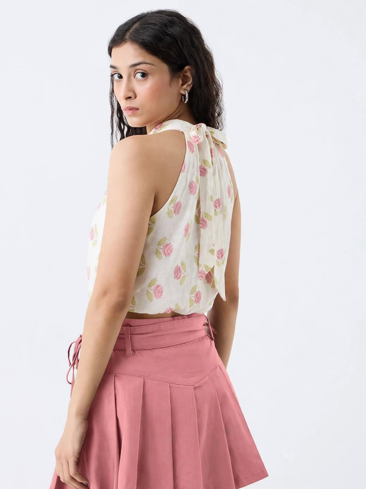 Blush Rose Halter Neck Top - Floral Tie-Back Bubble Top for Women