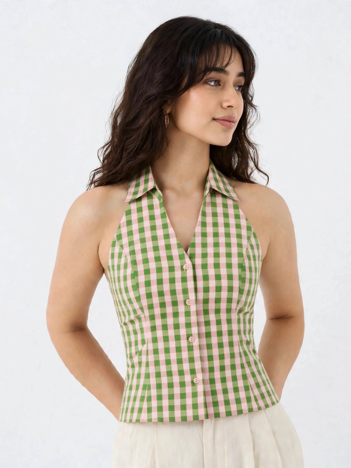Green & Pink Gingham Halter Neck Cotton Top