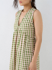 Green Pink Gingham Mini Dress - V-Neck Bubble Hem Cotton Dress