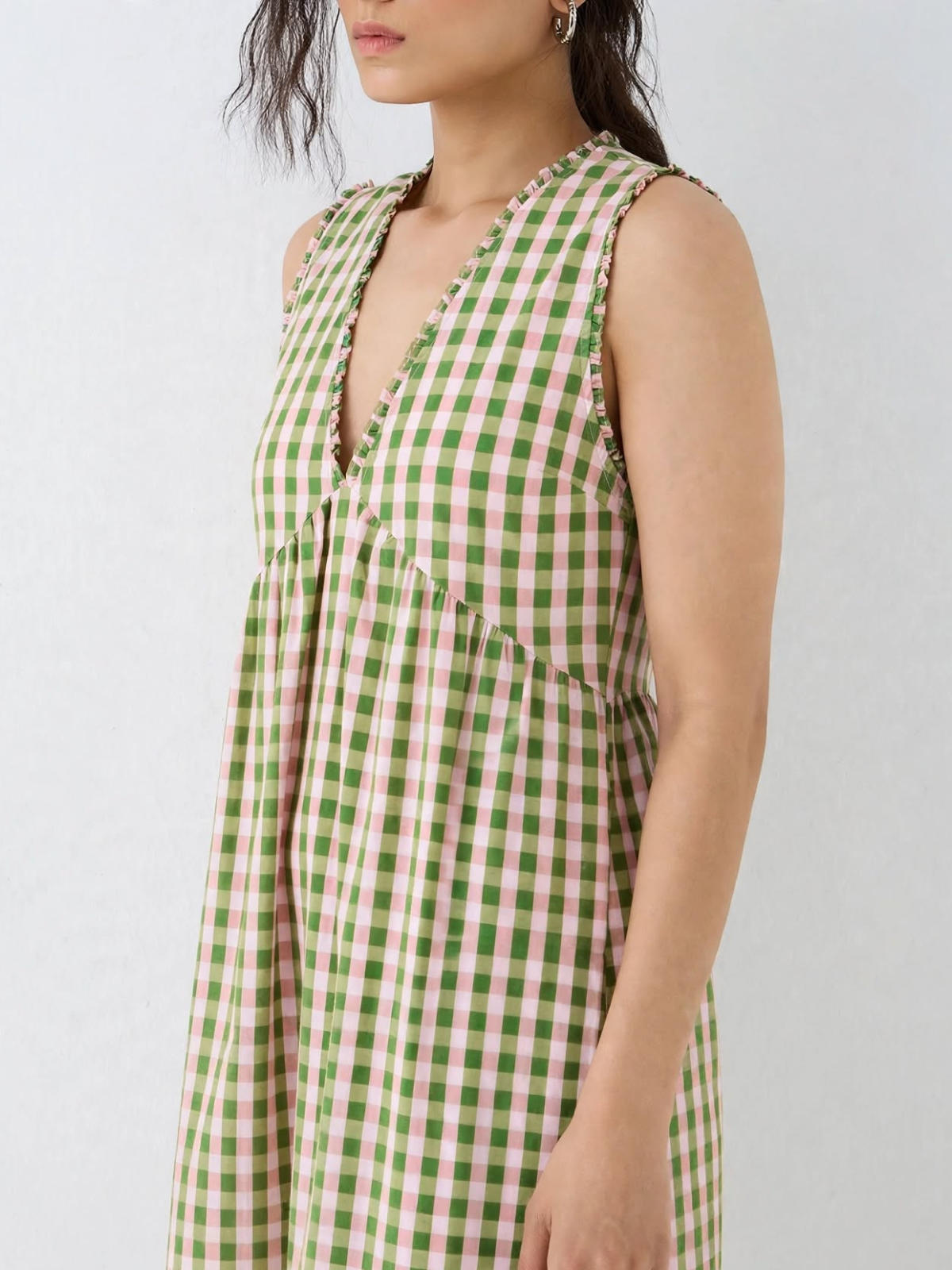 Green Pink Gingham Mini Dress - V-Neck Bubble Hem Cotton Dress