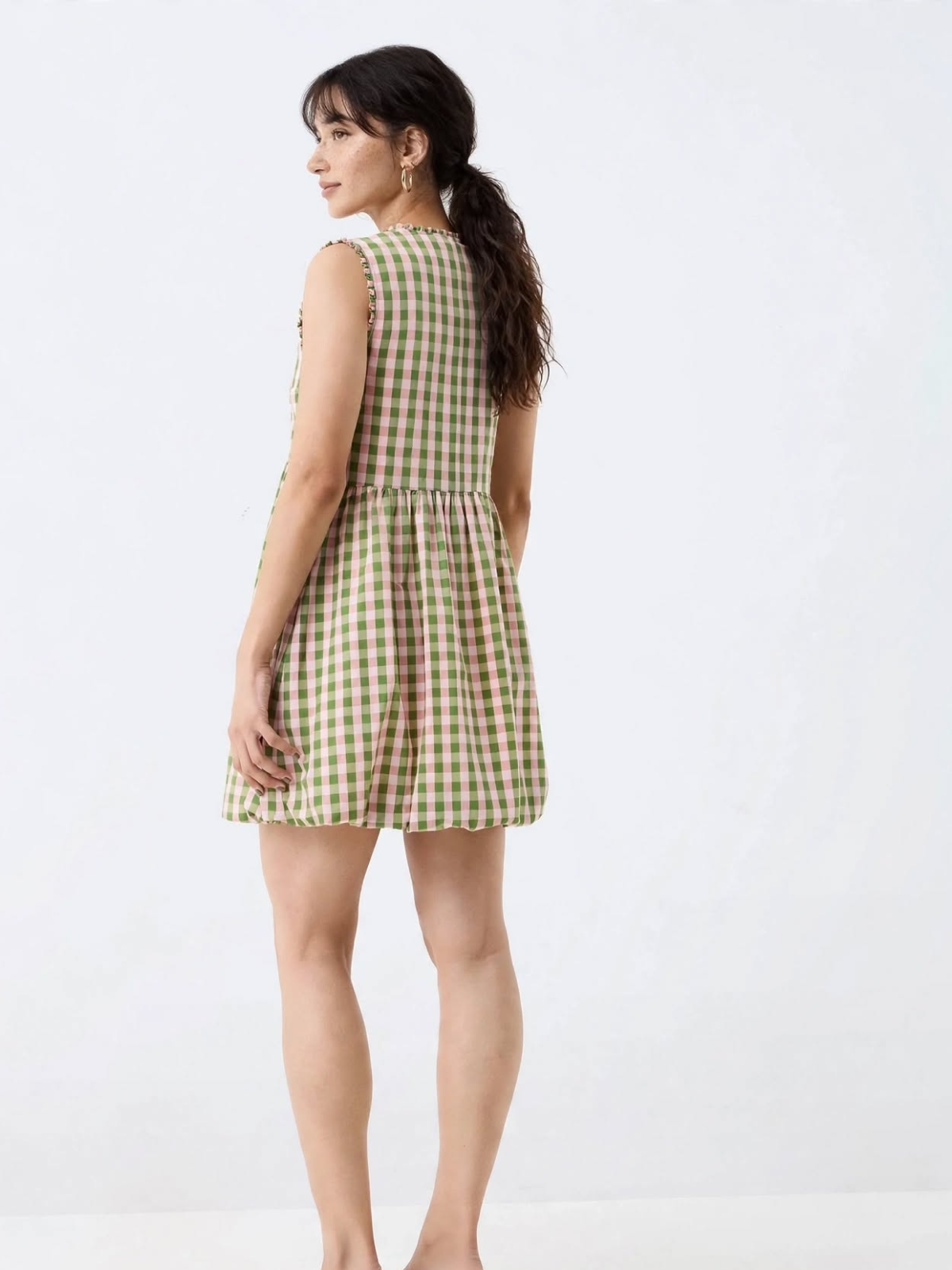 Green Pink Gingham Mini Dress - V-Neck Bubble Hem Cotton Dress