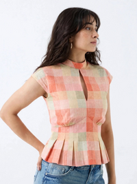 Peach Pastel Check Peplum Top - Keyhole High Neck Cotton Top