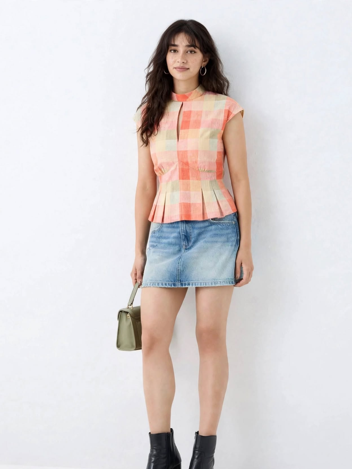 Peach Pastel Check Peplum Top - Keyhole High Neck Cotton Top